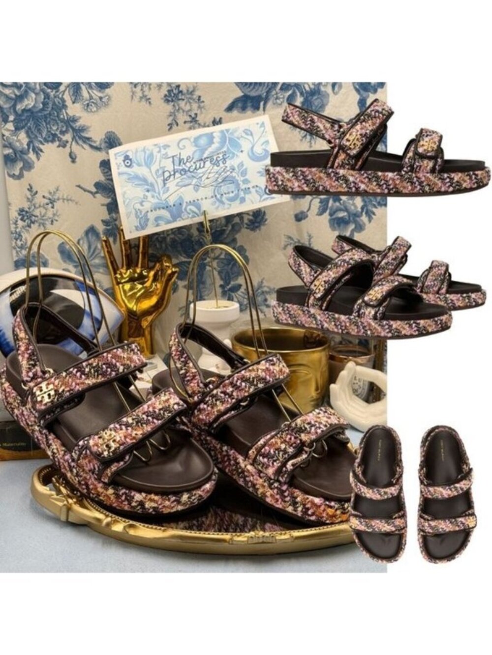 🆕 TORY BURCH 🧿 NWOB Kira Sport Sandal, Rose Cocoa Multi Tweed Dad Sandal Sz6.5